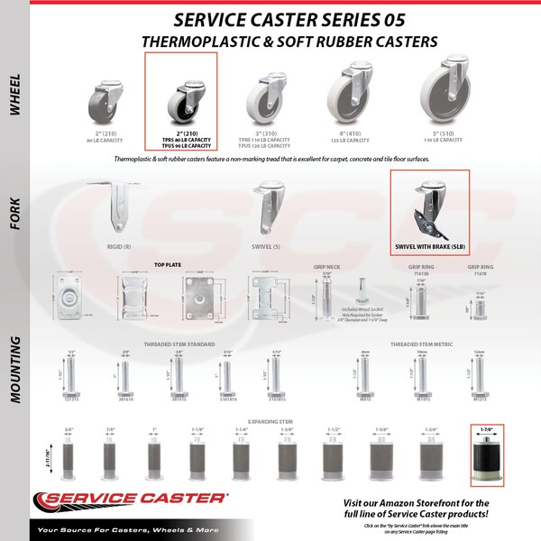 Service Caster 2 Inch Thermoplastic Wheel 1-7/8 Inch Expanding Stem Caster with Brakes, 4PK SCC-EX05S210-TPRS-SLB-178-4 - main